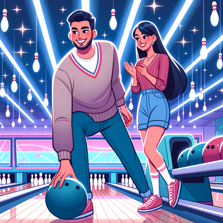DALL·E 2023-10-24 15.50.34 - Illustration of a Latinx couple at a bowling center on their dating night, surrounded by gleaming LED lights. The man is about to roll the bowling bal.png